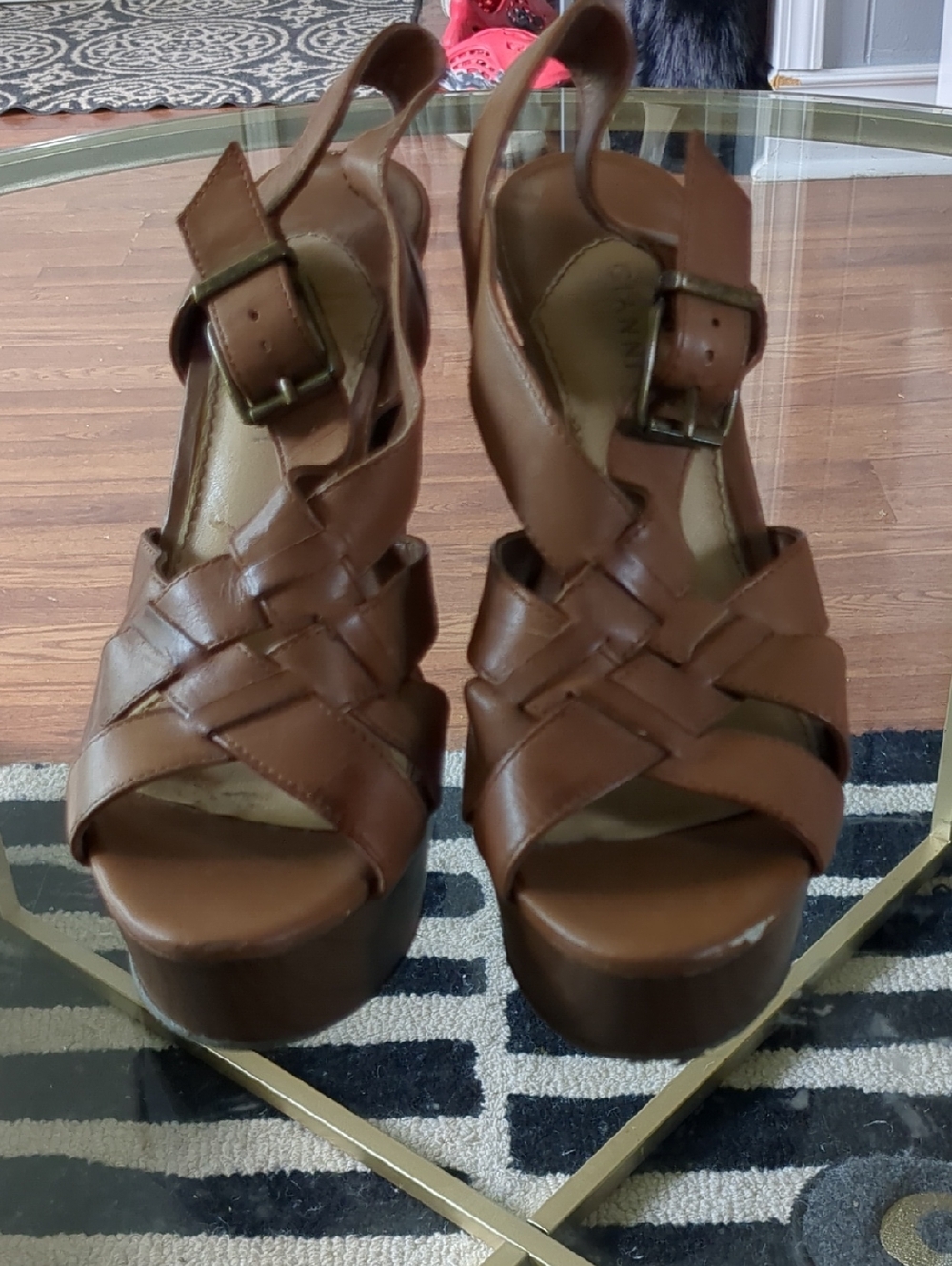 Gianni Bini Brown Woven Leather Platform Slingback Sandals